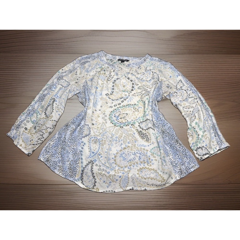 Zac & Rachel Women's Blue Floral Sheer Polyester 3/4 Sleeve Large Blouse Top